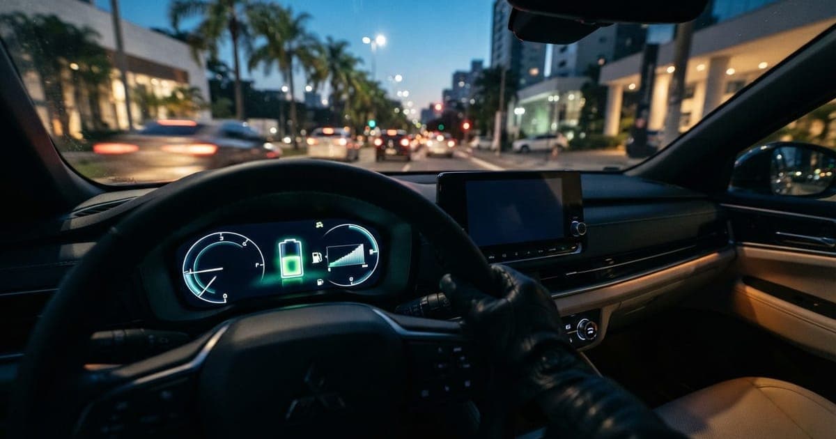 Painel de um carro híbrido plug-in exibindo o nível da bateria e o consumo de combustível em uma via urbana iluminada.