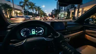 Painel de um carro híbrido plug-in exibindo o nível da bateria e o consumo de combustível em uma via urbana iluminada.