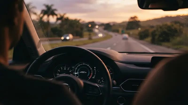 Painel de carro moderno indicando odômetro em destaque com fundo desfocado de rodovia brasileira ao entardecer