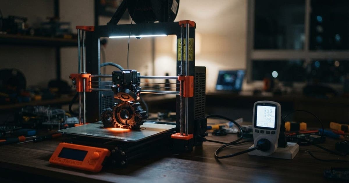 Impressora 3D FDM em funcionamento com medição de consumo de energia digital na tomada ao lado.