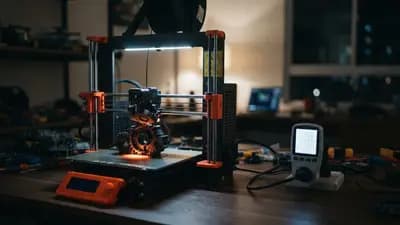 Impressora 3D FDM em funcionamento com medição de consumo de energia digital na tomada ao lado.