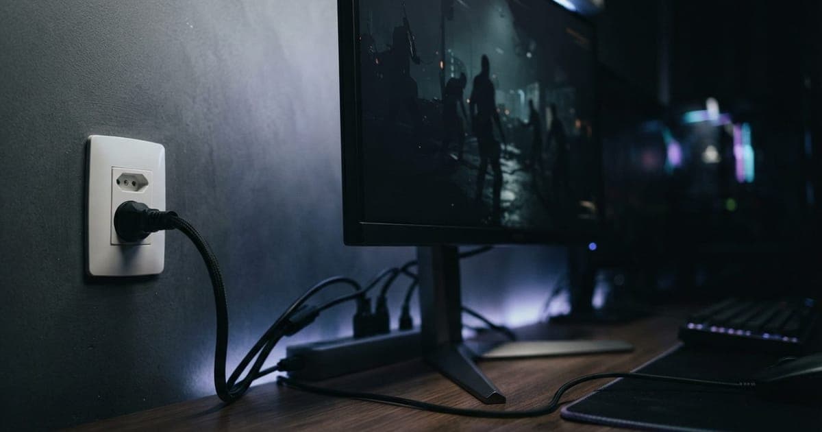 Close em monitor gamer com luzes RGB acesas, mostrando cabos de energia conectados a uma tomada próxima