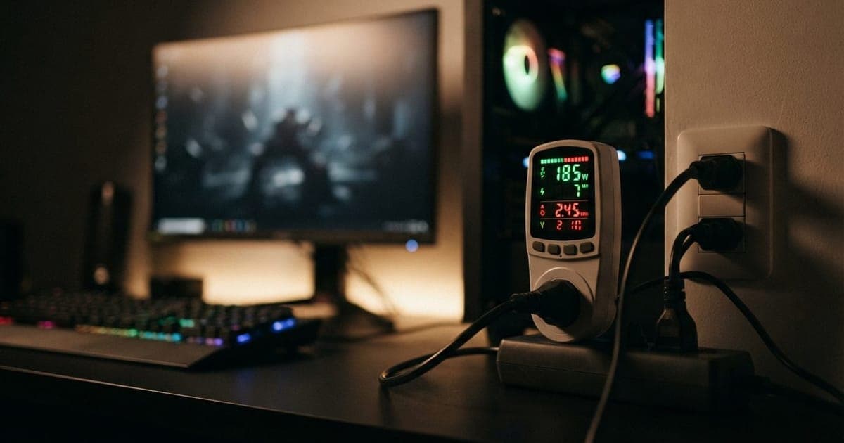 Close-up em medidor de energia digital conectado a um setup de PC gamer com monitor e luzes RGB acesas.
