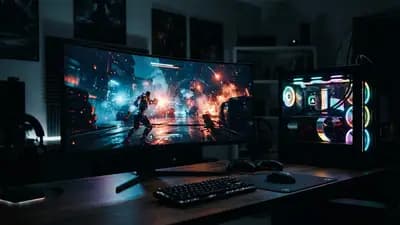 Close em um monitor gamer iluminando um quarto escuro com um PC desktop potente rodando jogo pesado em alta definição
