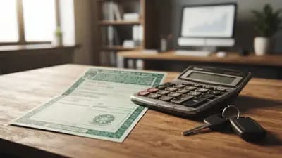 Documento de licenciamento de veículo ao lado de uma calculadora e chaves de carro sobre mesa de escritório.