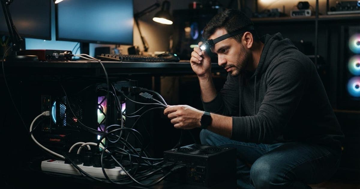 Homem verificando cabos de energia atrás de um setup de computador profissional em escritório doméstico