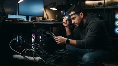 Homem verificando cabos de energia atrás de um setup de computador profissional em escritório doméstico