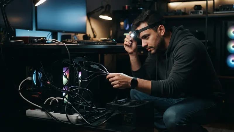 Homem verificando cabos de energia atrás de um setup de computador profissional em escritório doméstico