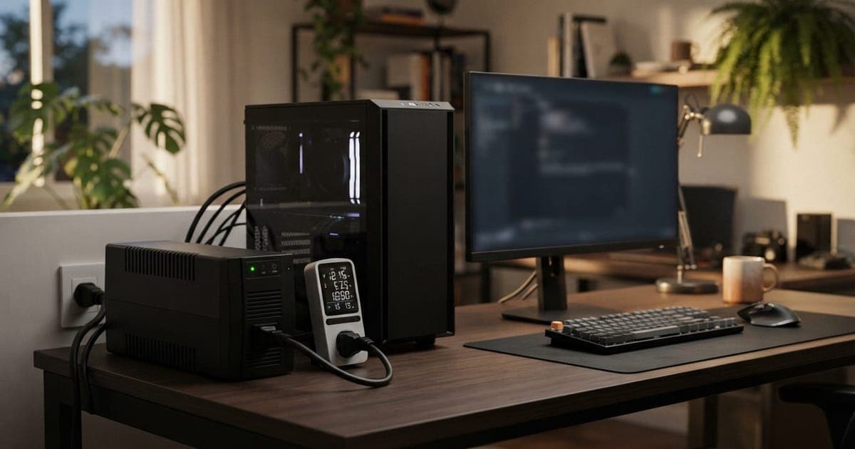 Nobreak preto conectado a um computador desktop em um home office com medidor de energia ao lado