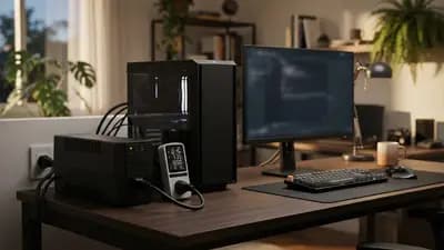 Nobreak preto conectado a um computador desktop em um home office com medidor de energia ao lado