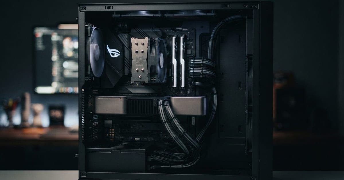 Interior de um gabinete de PC gamer aberto mostrando placa de vídeo, processador e cabos organizados