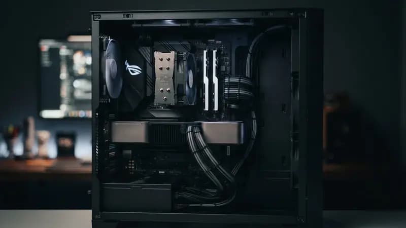 Interior de um gabinete de PC gamer aberto mostrando placa de vídeo, processador e cabos organizados