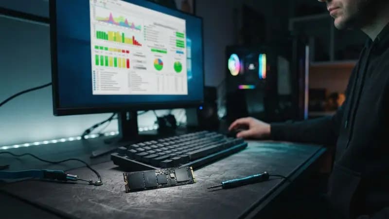 Tela de software CrystalDiskInfo exibindo informações técnicas e saúde de um disco SSD NVMe em computador