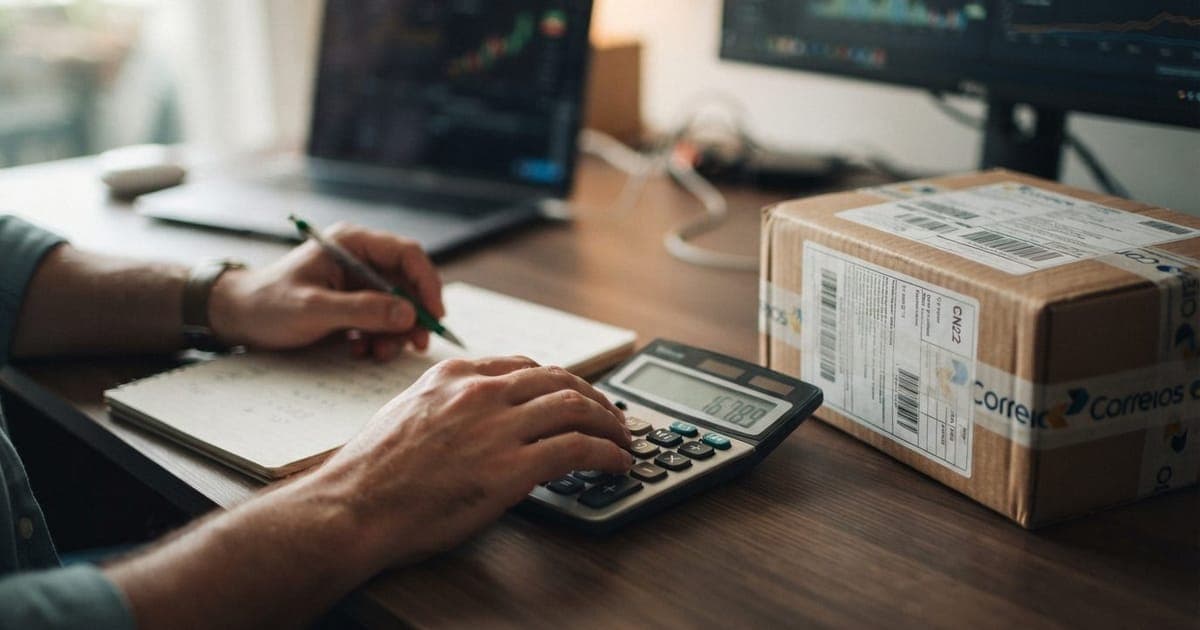 Close em mãos conferindo valores em calculadora digital ao lado de pacote de encomenda internacional fechado