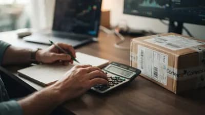 Close em mãos conferindo valores em calculadora digital ao lado de pacote de encomenda internacional fechado