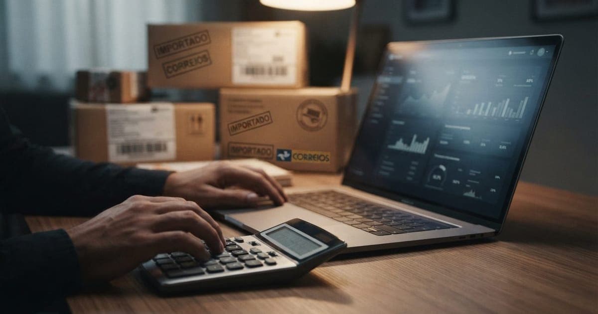 Cálculo de imposto de importação em tela de computador com calculadora e pacotes internacionais ao fundo