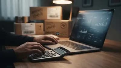 Cálculo de imposto de importação em tela de computador com calculadora e pacotes internacionais ao fundo