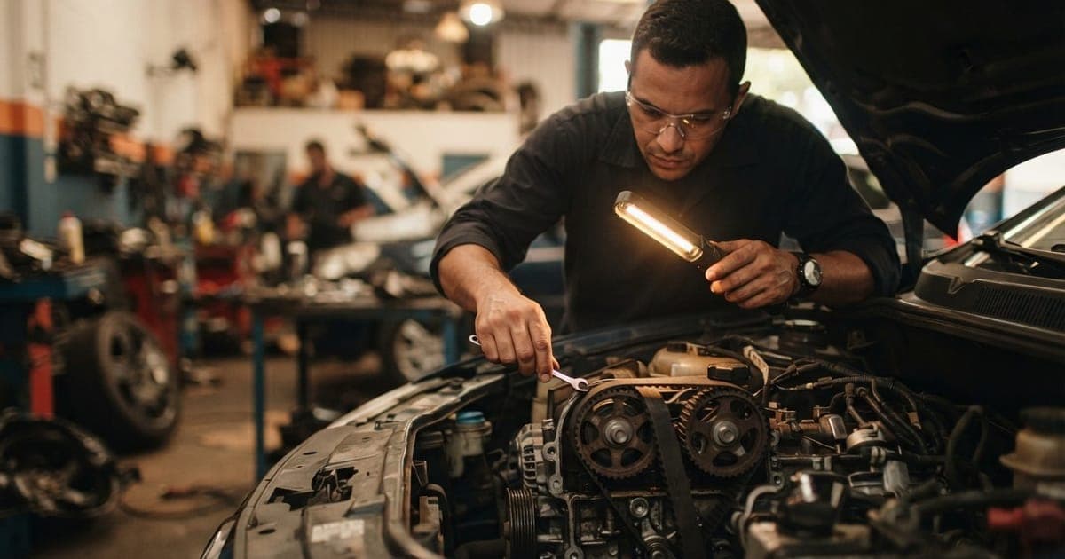 Mecânico inspecionando correia dentada e componentes do motor em uma oficina especializada de automóveis