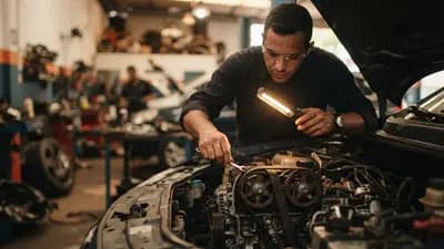 Mecânico inspecionando correia dentada e componentes do motor em uma oficina especializada de automóveis