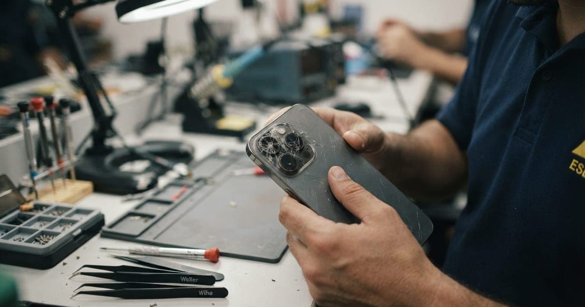 Mão de técnico segurando smartphone moderno com a câmera de celular riscada e trincada sobre uma bancada com ferramentas de precisão.