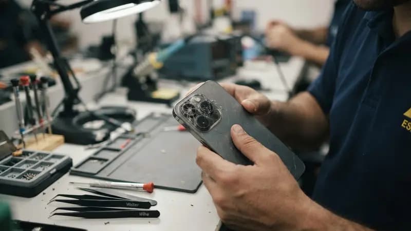 Mão de técnico segurando smartphone moderno com a câmera de celular riscada e trincada sobre uma bancada com ferramentas de precisão.