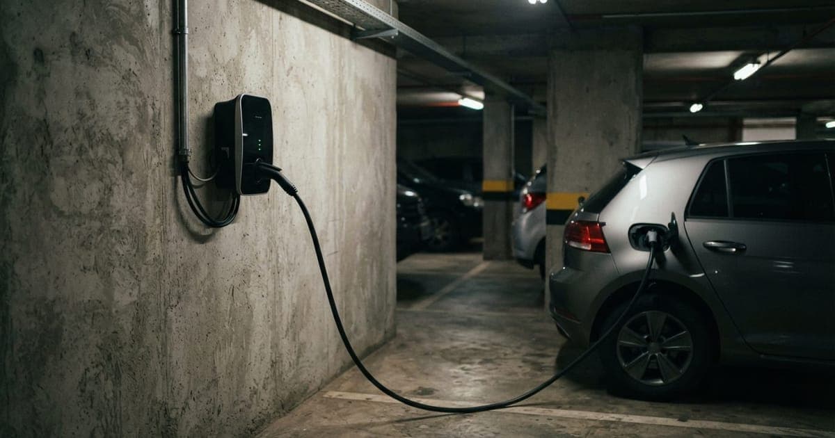 Carregador wallbox instalado na parede de uma garagem de concreto com cabo de alta potência conectado a um carro elétrico.