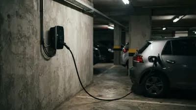 Carregador wallbox instalado na parede de uma garagem de concreto com cabo de alta potência conectado a um carro elétrico.