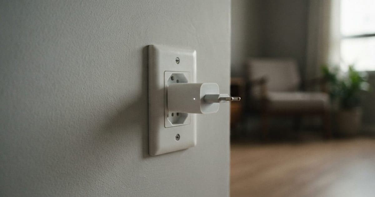 Carregador na tomada de parede em uma sala vazia com iluminação natural, destacando o consumo contínuo de energia.
