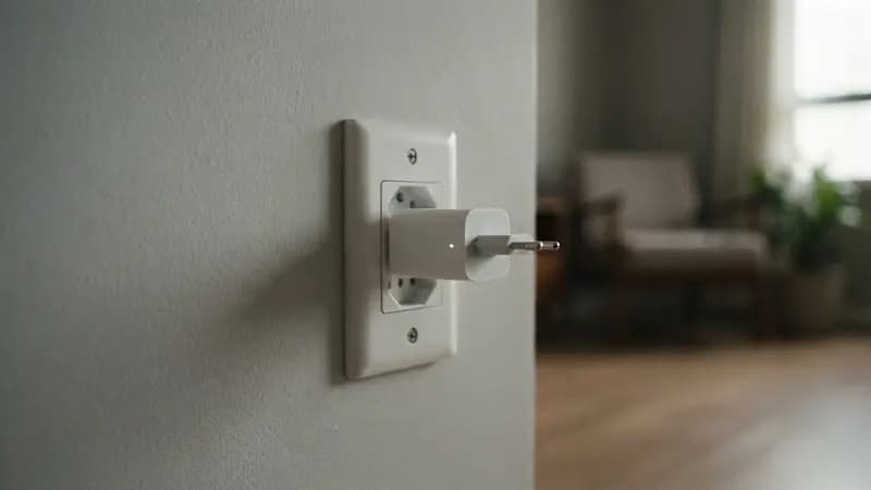Carregador na tomada de parede em uma sala vazia com iluminação natural, destacando o consumo contínuo de energia.