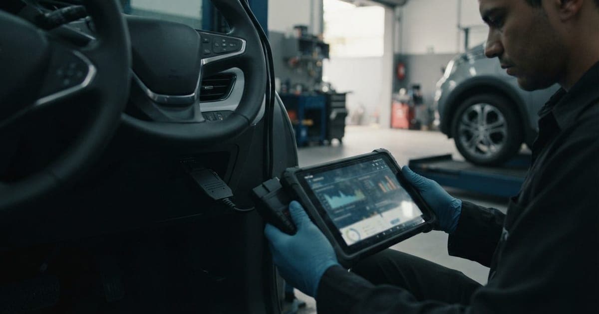 Scanner OBD2 conectado a um carro elétrico para verificar a saúde da bateria em uma oficina especializada.