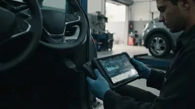 Scanner OBD2 conectado a um carro elétrico para verificar a saúde da bateria em uma oficina especializada.
