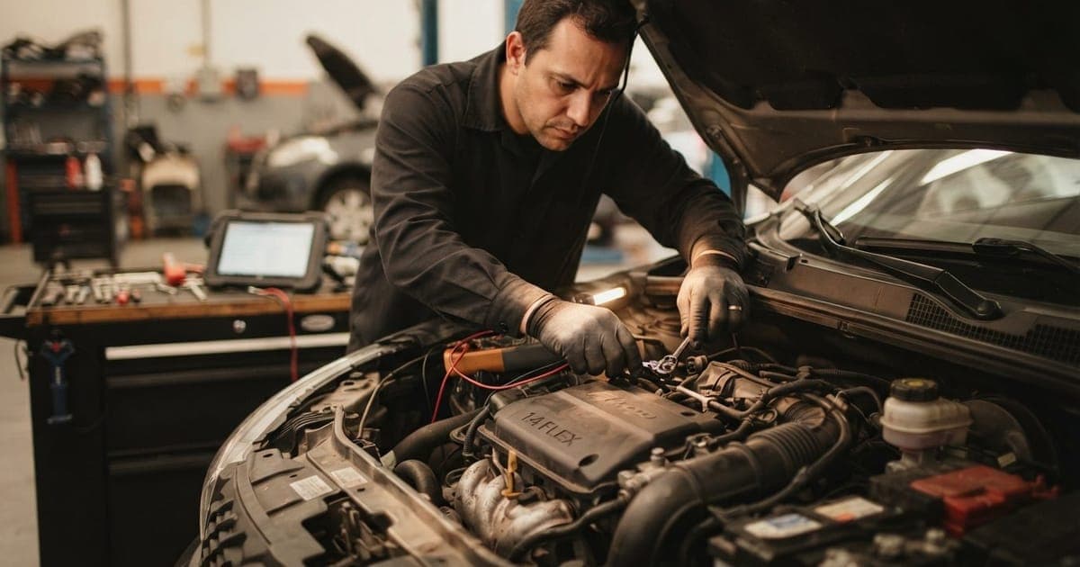 Visão frontal de um motor de carro popular sendo inspecionado por um mecânico profissional com ferramentas