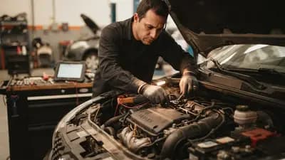 Visão frontal de um motor de carro popular sendo inspecionado por um mecânico profissional com ferramentas