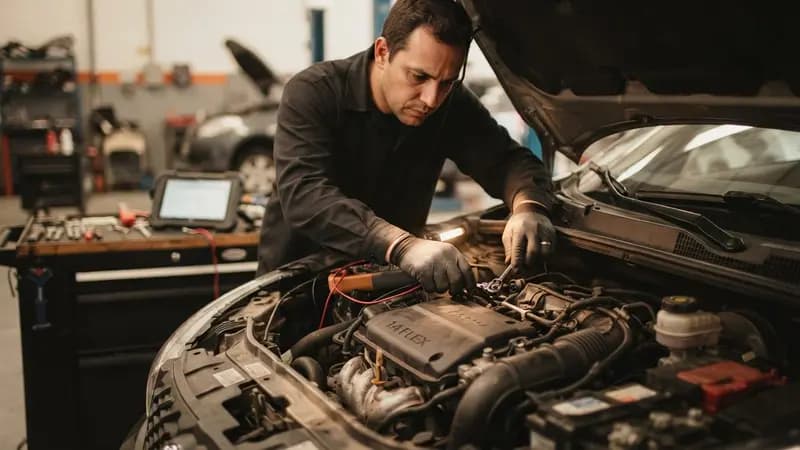 Visão frontal de um motor de carro popular sendo inspecionado por um mecânico profissional com ferramentas