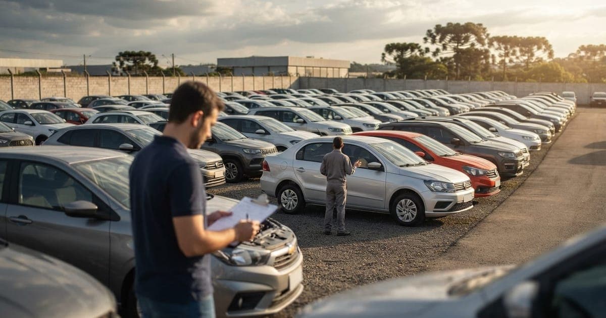 Pátio organizado com diversos veículos seminovos prontos para leilão de financeira em área aberta.