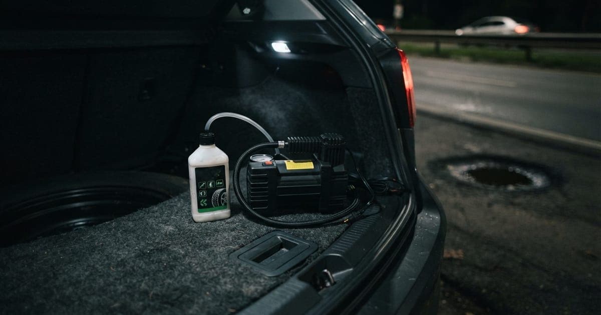Kit de reparo de pneu com compressor de ar de 12V e frasco de selante químico posicionado sobre carpete de porta-malas