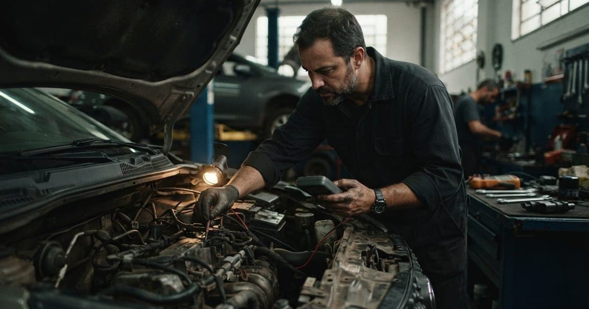 Mecânico inspecionando o motor de um carro popular flex em uma oficina especializada após 100 mil km rodados