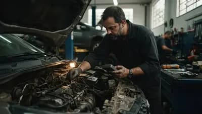 Mecânico inspecionando o motor de um carro popular flex em uma oficina especializada após 100 mil km rodados