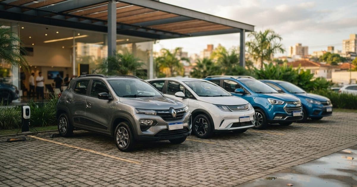 Fileira de carros elétricos usados expostos no pátio de uma concessionária moderna sob luz natural.