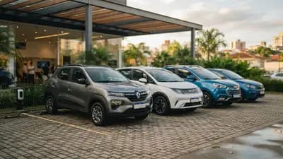 Fileira de carros elétricos usados expostos no pátio de uma concessionária moderna sob luz natural.