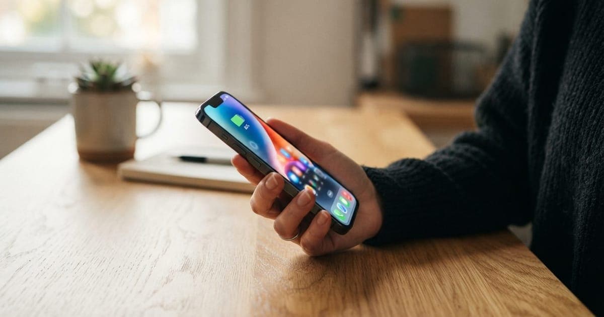 Mão de pessoa segurando um celular até R$ 2.000 com tela colorida acesa em cima de uma mesa de madeira clara.