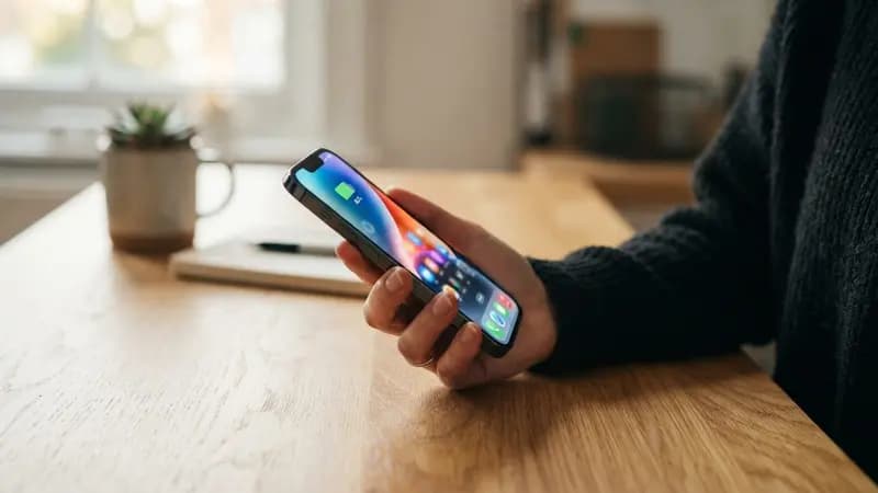 Mão de pessoa segurando um celular até R$ 2.000 com tela colorida acesa em cima de uma mesa de madeira clara.