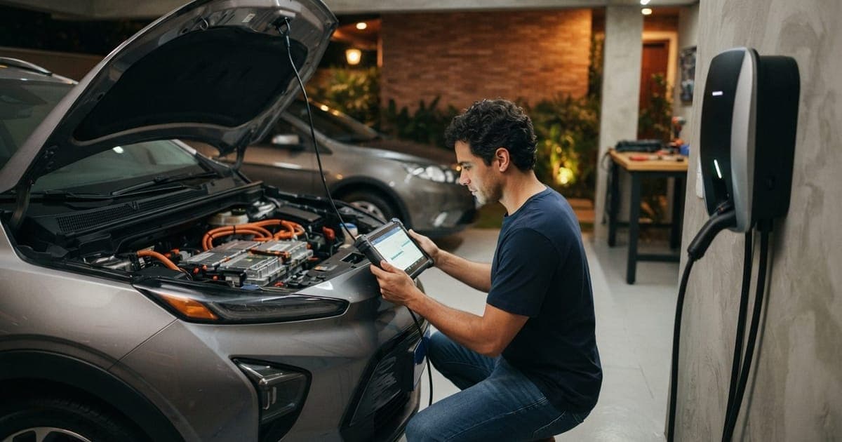 Homem verificando a bateria de um carro elétrico seminovo em uma garagem residencial equipada com wallbox moderno.