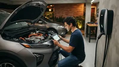 Homem verificando a bateria de um carro elétrico seminovo em uma garagem residencial equipada com wallbox moderno.