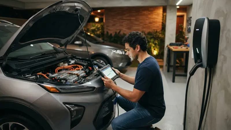 Homem verificando a bateria de um carro elétrico seminovo em uma garagem residencial equipada com wallbox moderno.