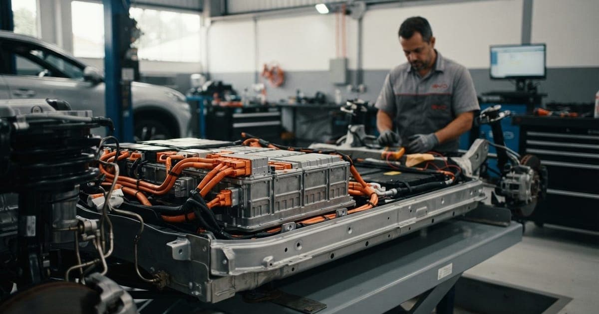Detalhe da bateria Blade em chassi de carro elétrico BYD exposto em oficina especializada com técnico ao fundo