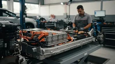 Detalhe da bateria Blade em chassi de carro elétrico BYD exposto em oficina especializada com técnico ao fundo