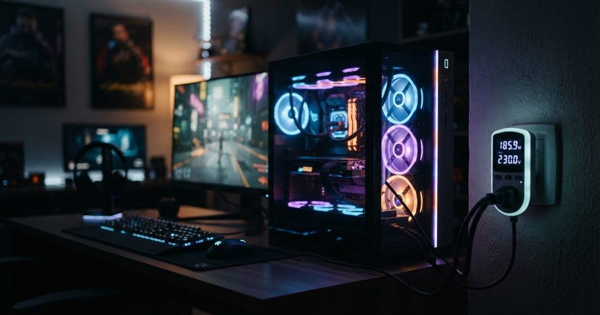 Setup gamer com computador iluminado por LEDs ligado a um medidor de energia digital na tomada.