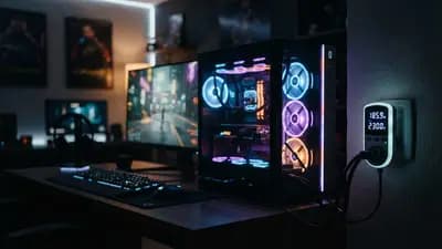 Setup gamer com computador iluminado por LEDs ligado a um medidor de energia digital na tomada.