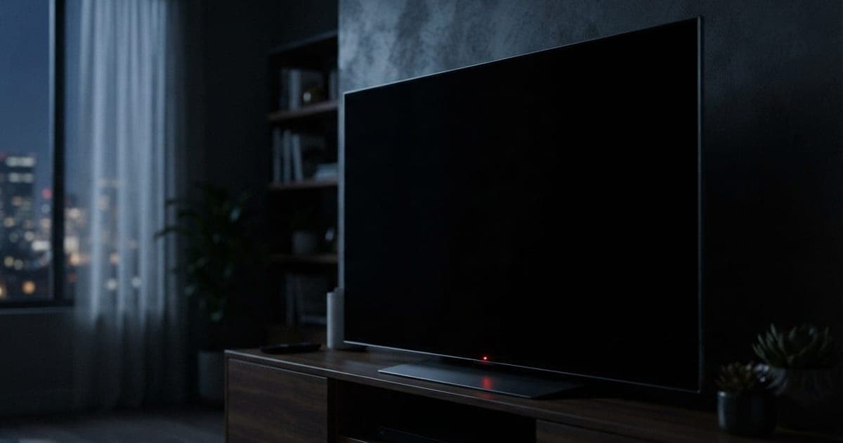 Smart TV slim em modo de espera com luz indicativa acesa em ambiente escuro de sala de estar
